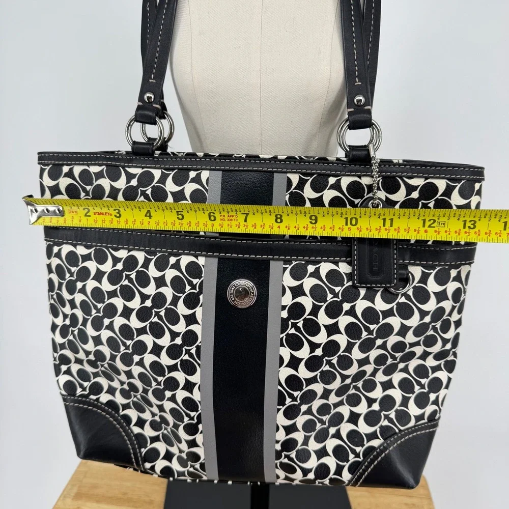 Coach Chelsea Heritage Stripe Signature Tote Black White Canvas Leather F15137